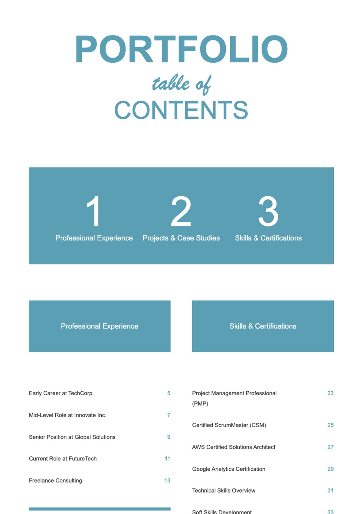 Portfolio table of contents with section counts and page numbers_variant_2